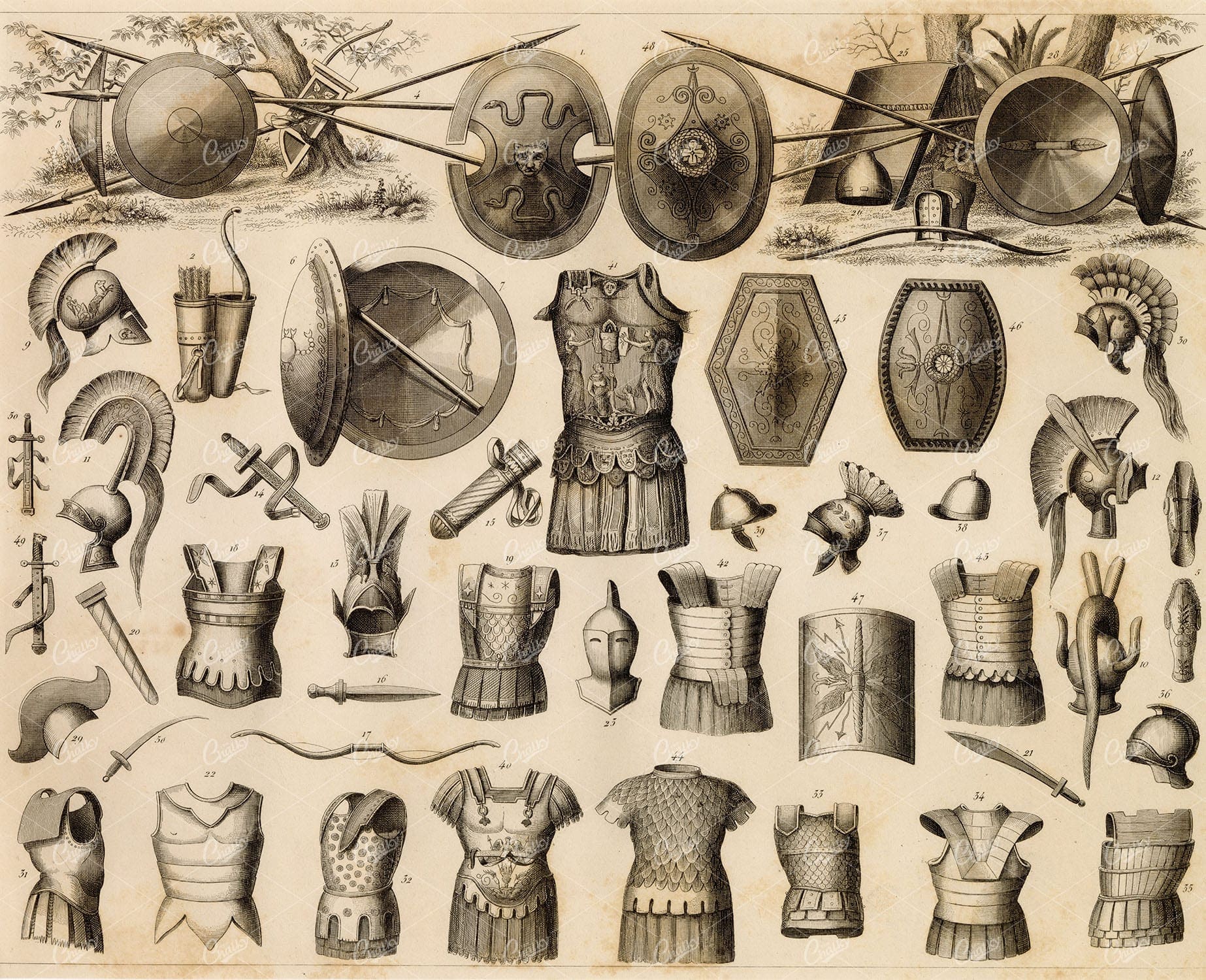 WEAPONS of the Greeks, Etruscans, and Romans - Antique Military Print