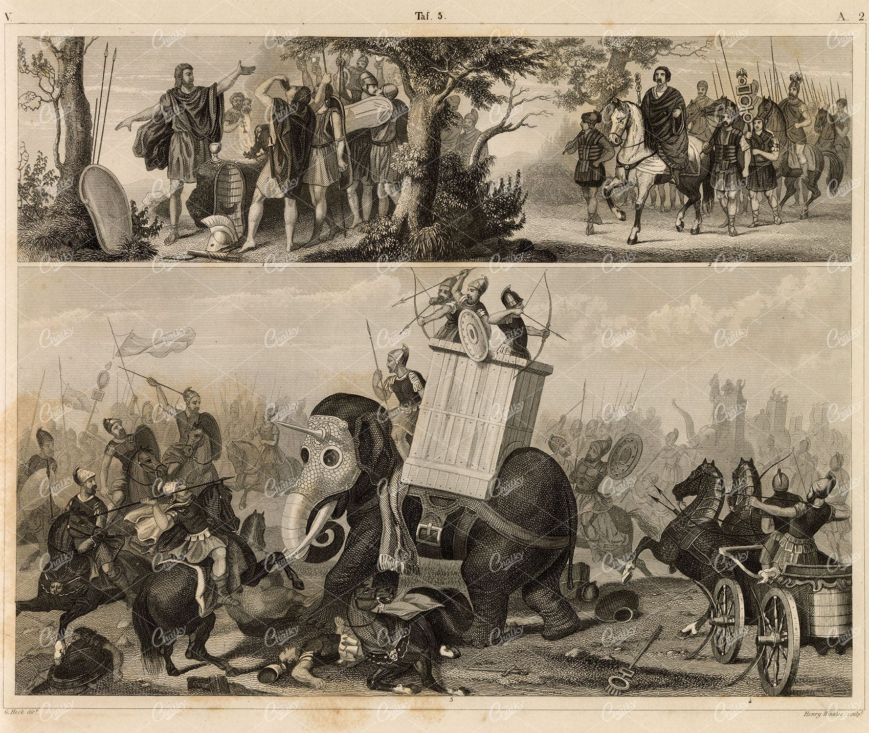 ROMAN Military, War Elephant, Armed Chariot - Antique 1851 Print
