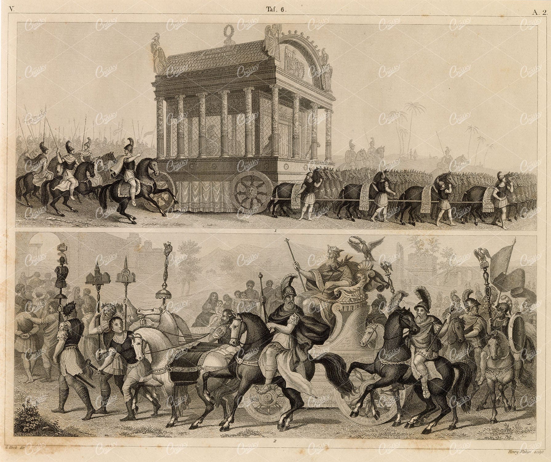 ALEXANDER the Great Funeral, Roman Gen Triumphal Procession - 1851 Print