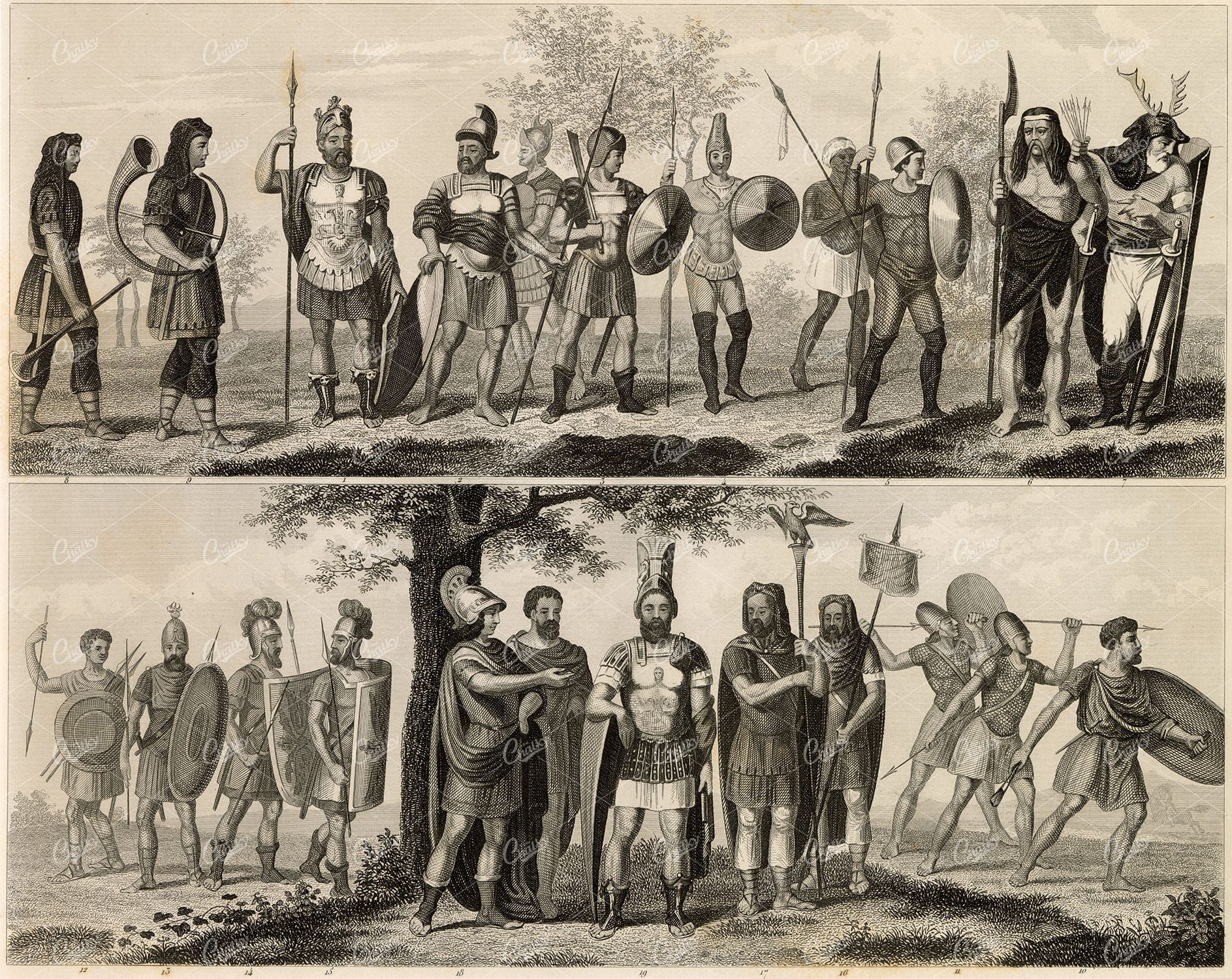 MILITARY Sciences - Roman and German Allies - Antique 1851 Print