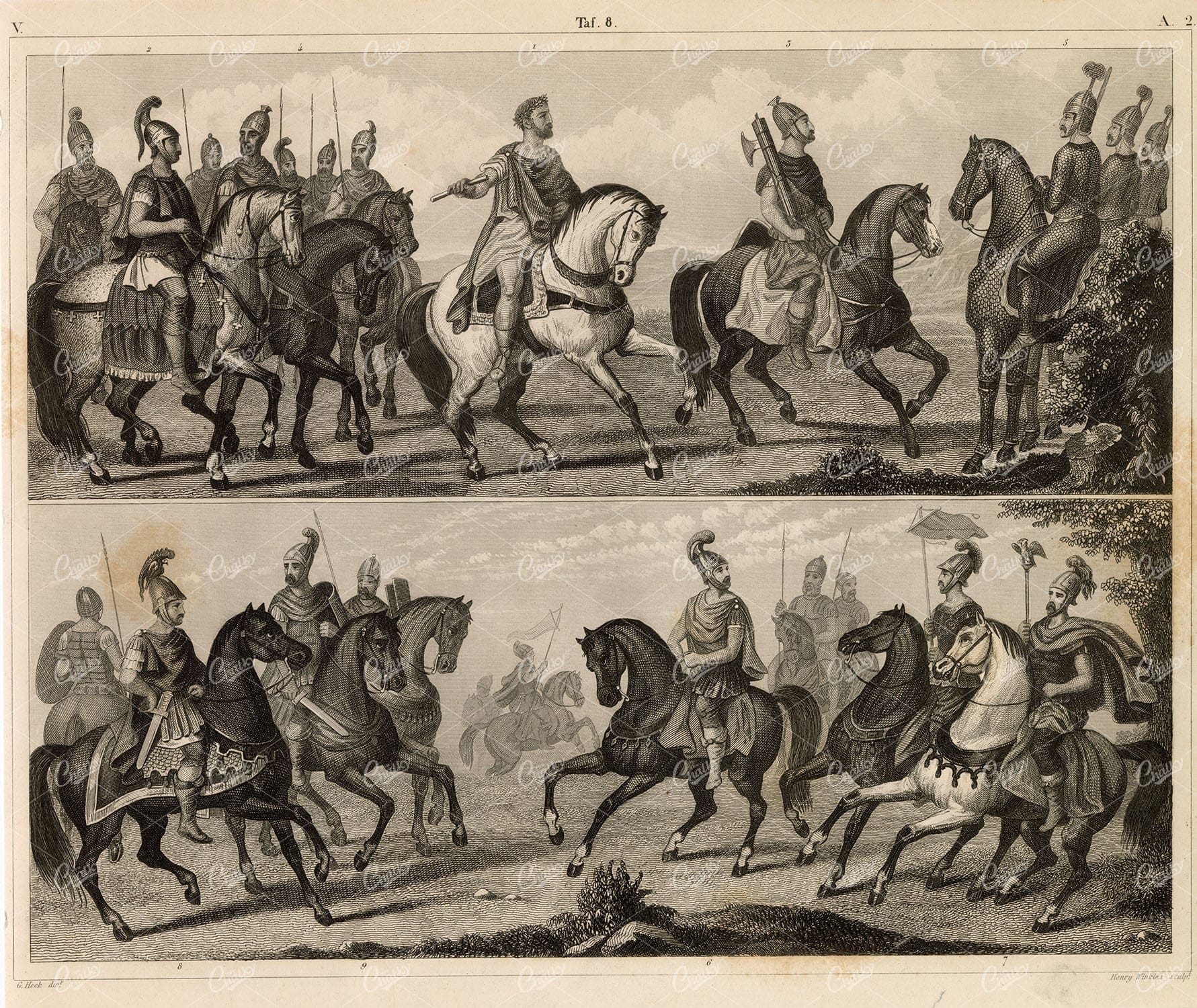 MILITARY Sciences - Roman Horsemen, Cavalry Soldiers - 1851 Print