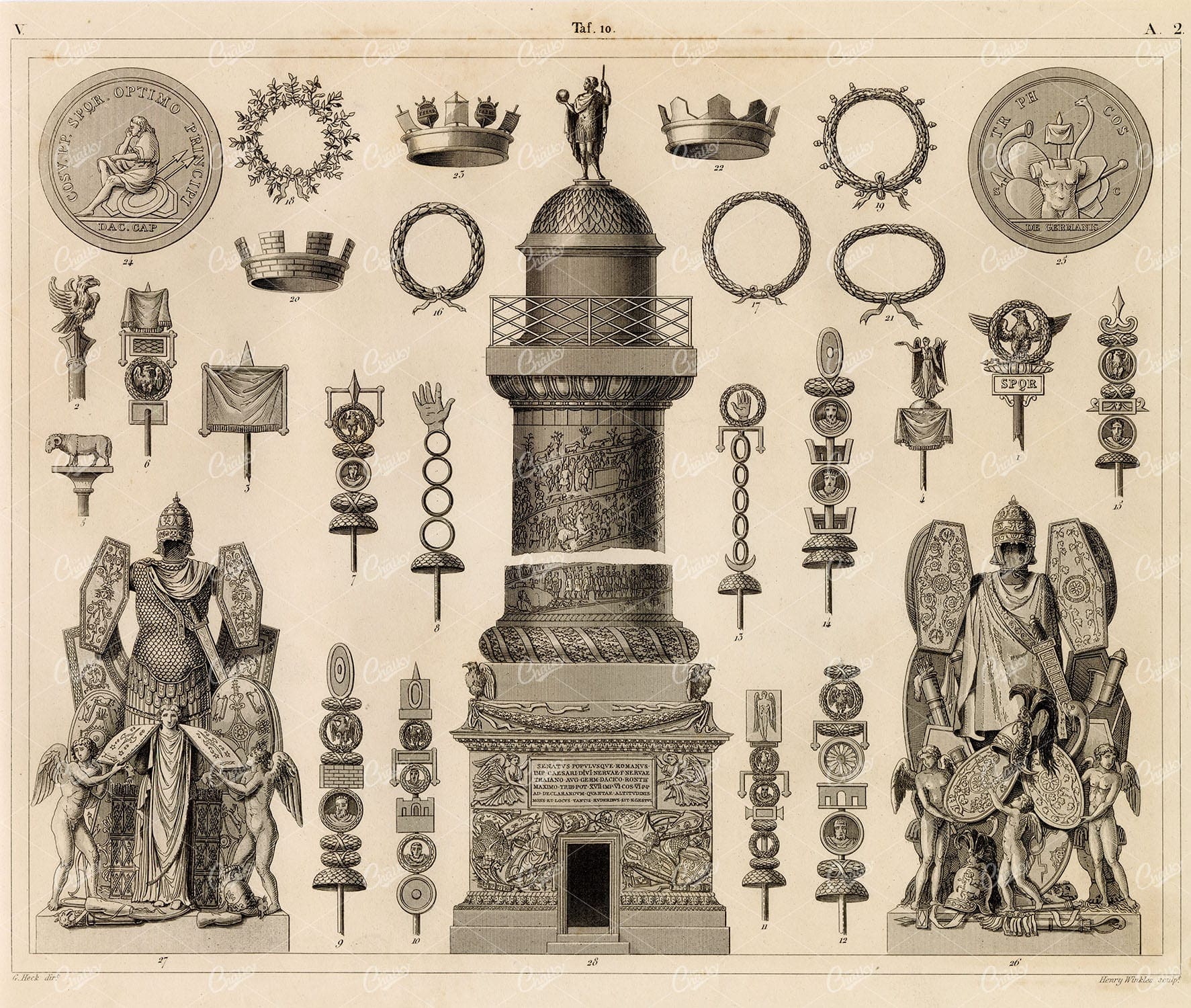 ROMAN Legion Eagles, Field Badges, Crowns and Medals - 1851 Print