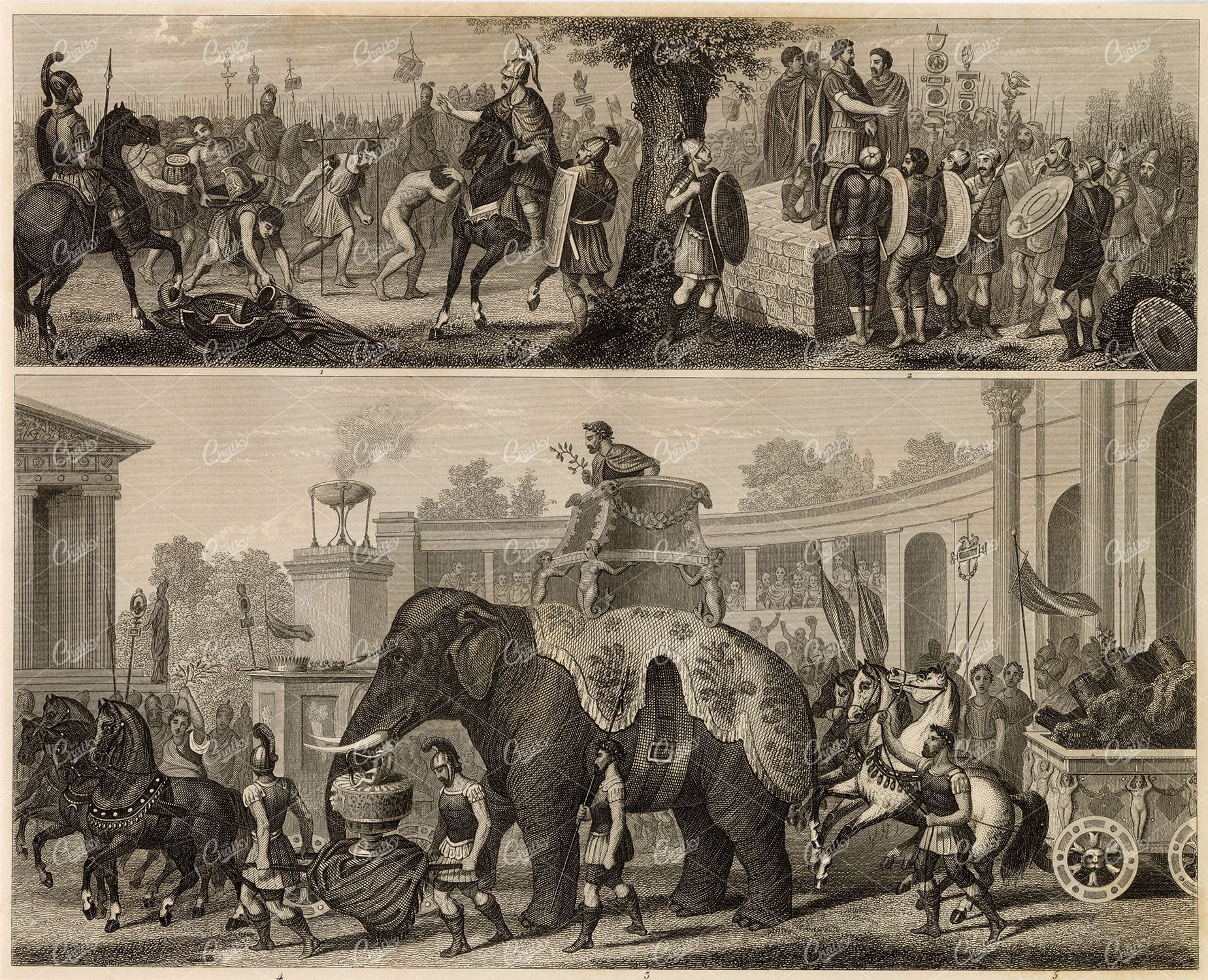 MILITARY Sciences - Roman Prisoners and Army - Antique 1851 Print
