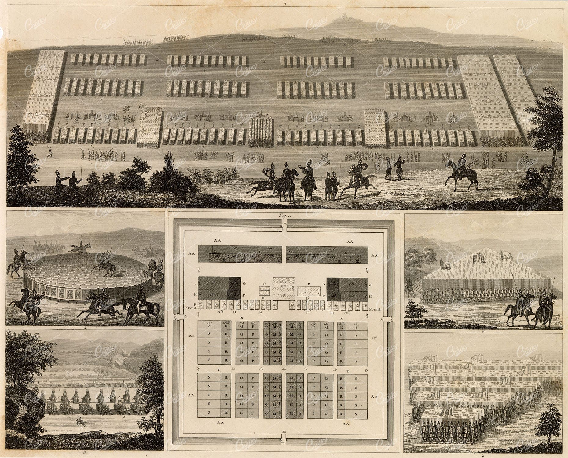 MILITARY Sciences - Roman Camp and Order of Battle - 1851 Antique Print