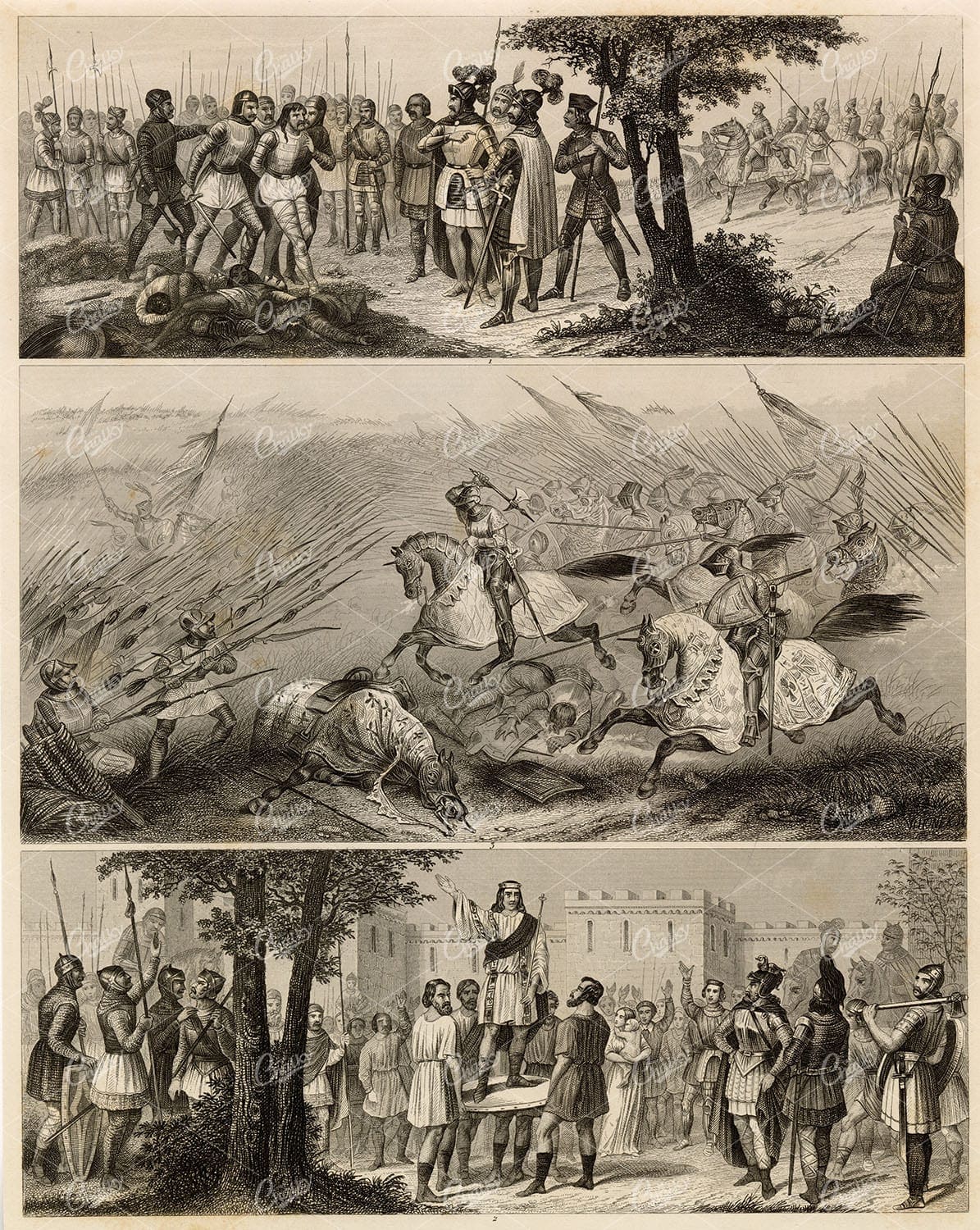 MILITARY Sciences - Combat of Infantry Against Cavalry - Antique Print