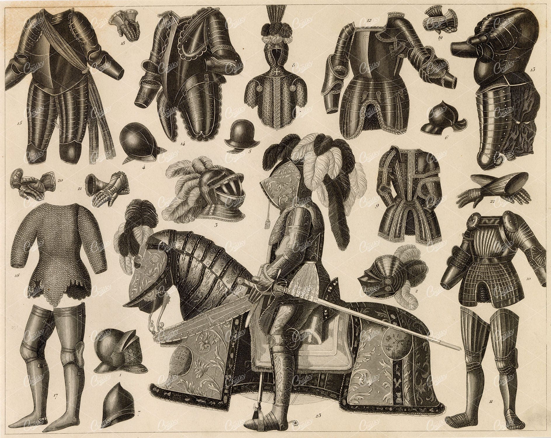 MILITARY Sciences - Armor of the Middle-Ages - Antique 1851 Print