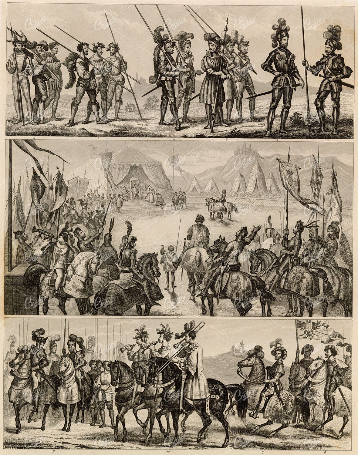 MILITARY Sciences - Middle Ages Suits of Armor - Antique 1851 Print