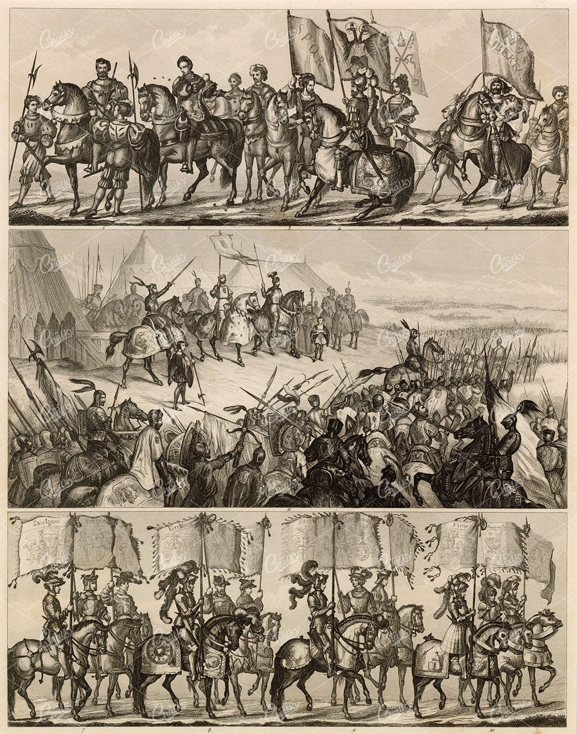 ARMY Medieval German Roman Banner Bearers - 1851 Antique Print