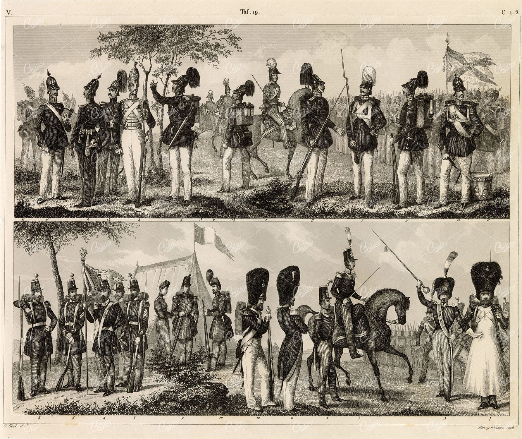 MILITARY Sciences - Prussian and French Infantry - Antique 1851 Print