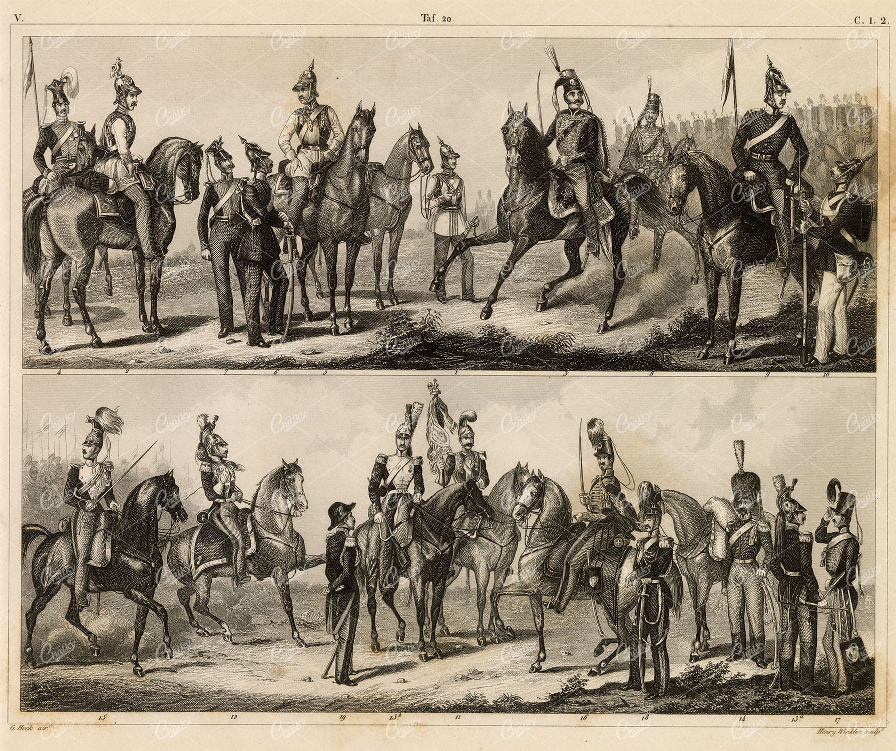 MILITARY Sciences - Prussian and French Cavalry - Antique 1851 Print