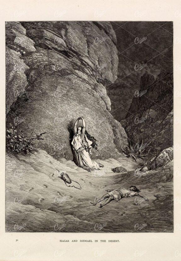 HAGAR and Ishmael in the Desert - GUSTAVE DORE - Antique 1891 Artwork