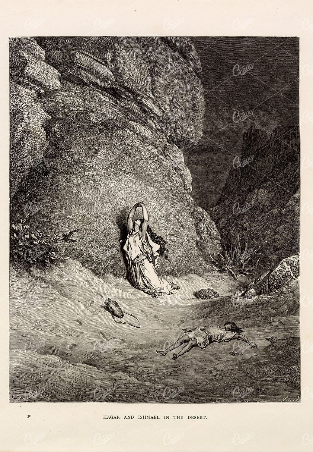HAGAR and Ishmael in the Desert - GUSTAVE DORE - Antique 1891 Artwork