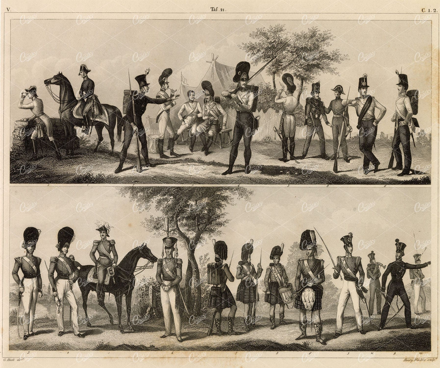 MILITARY Sciences - Austrian and British Infantry - Antique 1851 Print