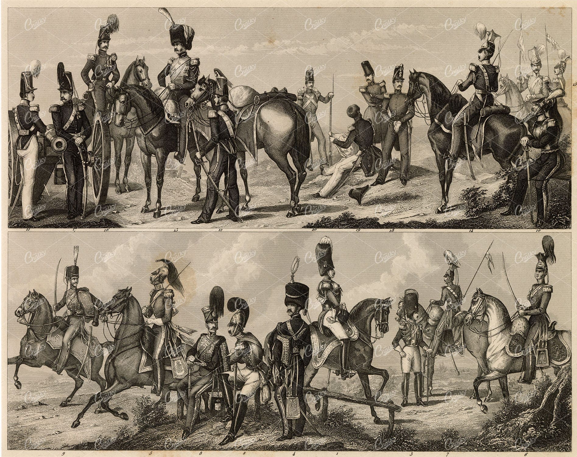 ARMY - British and Belgian Cavalry - Antique 1851 Print by Johann Heck