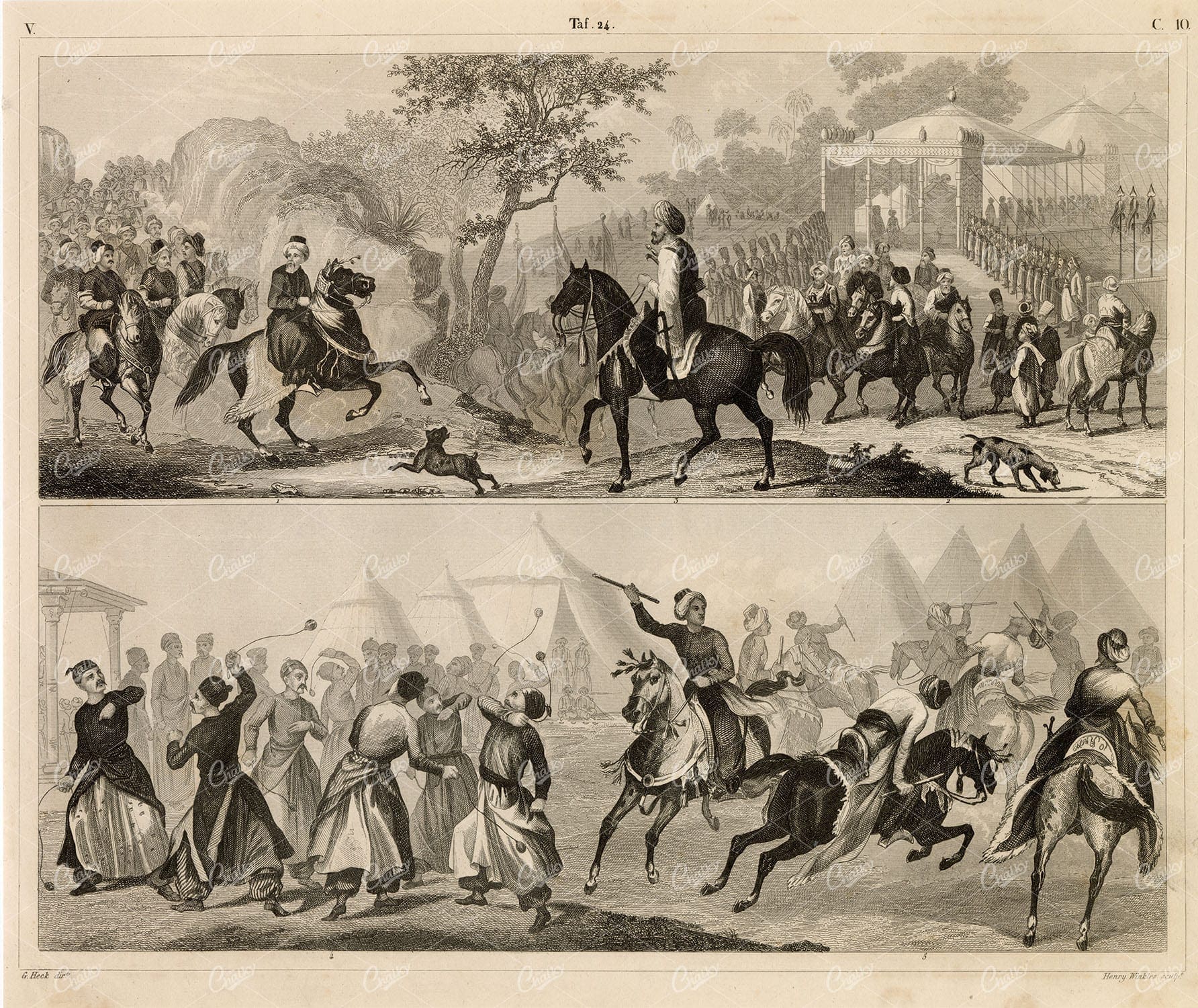 ARMY - Ancient Turkish Military and War-Games - Antique 1851 Print