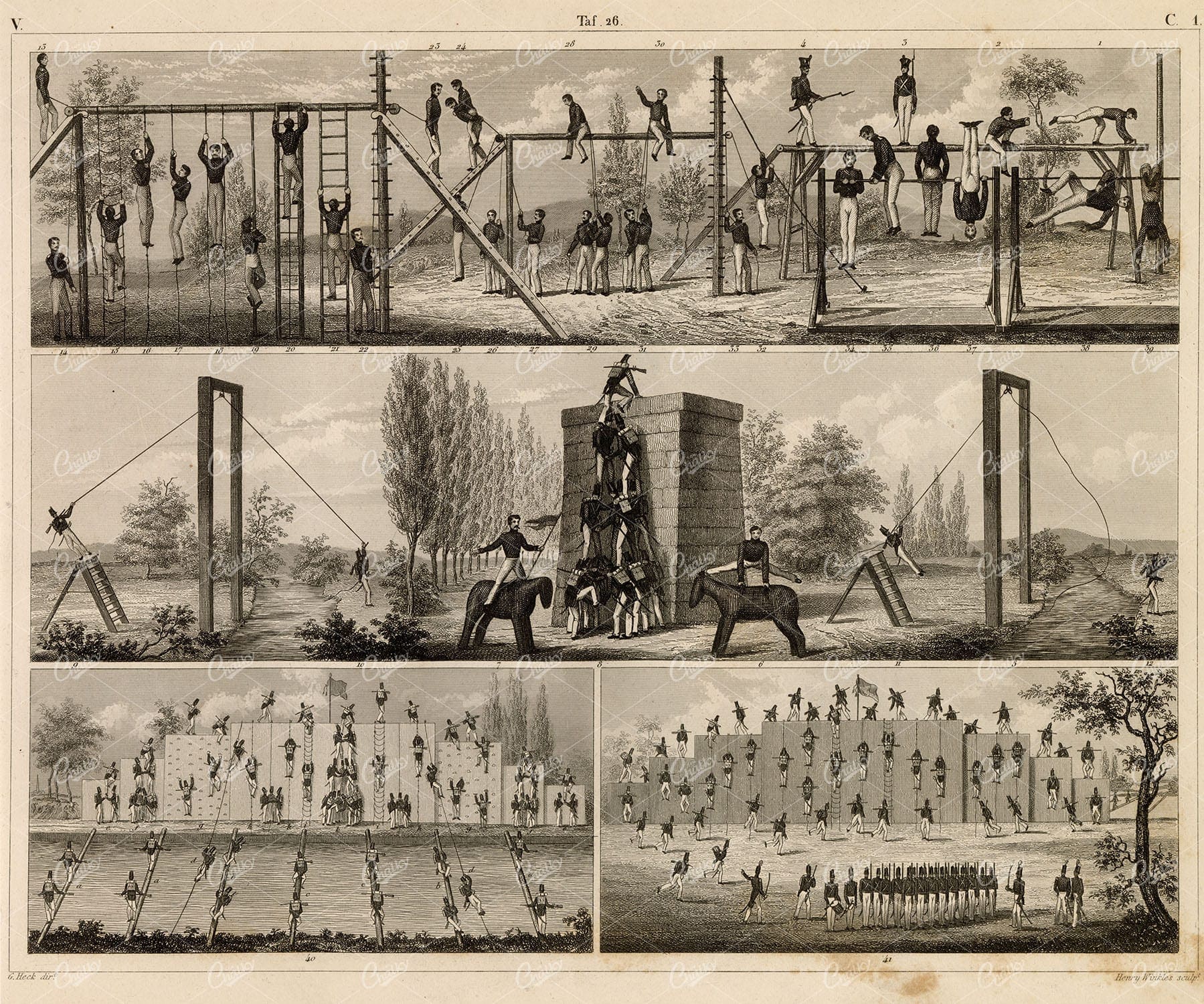 MILITARY Gymnastics - Antique Engraving by Johann Heck 1851 Original