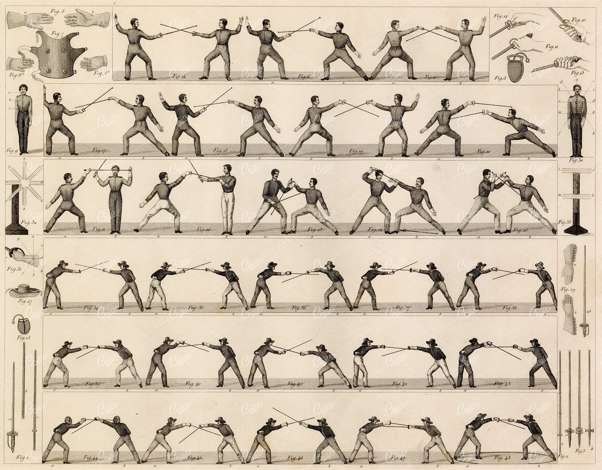 ANTIQUE Army 1851 Engraving - Military Fencing by Johann Heck