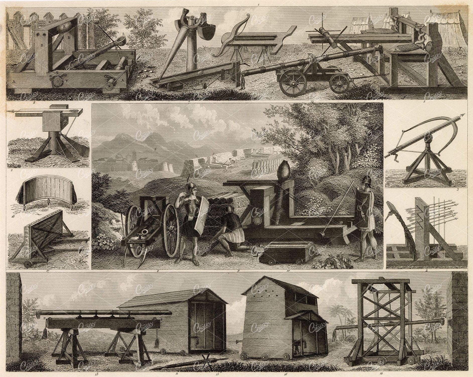 MILITARY Sciences - Ancient Military Engines - Antique 1851 Johann Heck