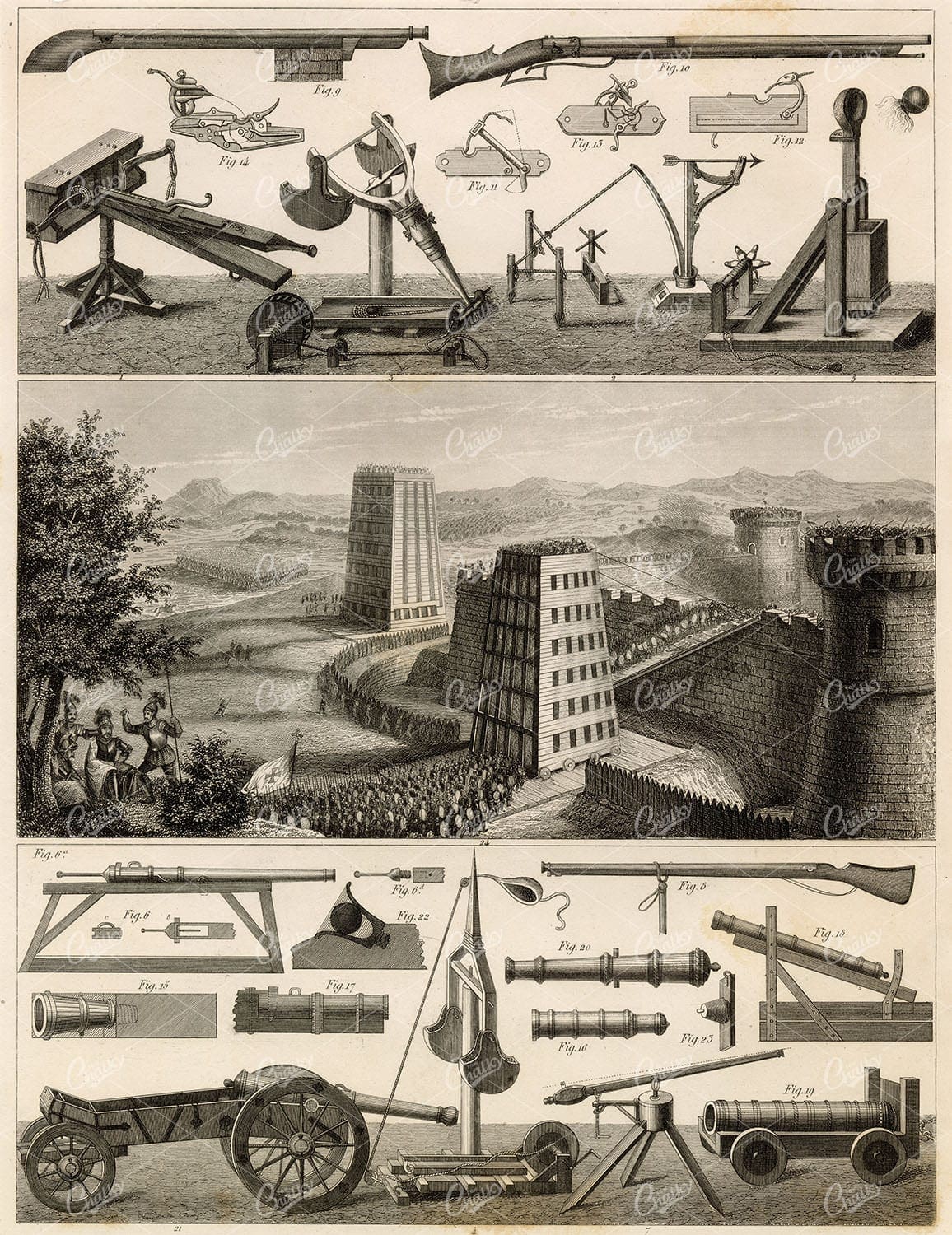 MILITARY Engines of the Middle Ages - Antique 1851 J. Heck Engraving