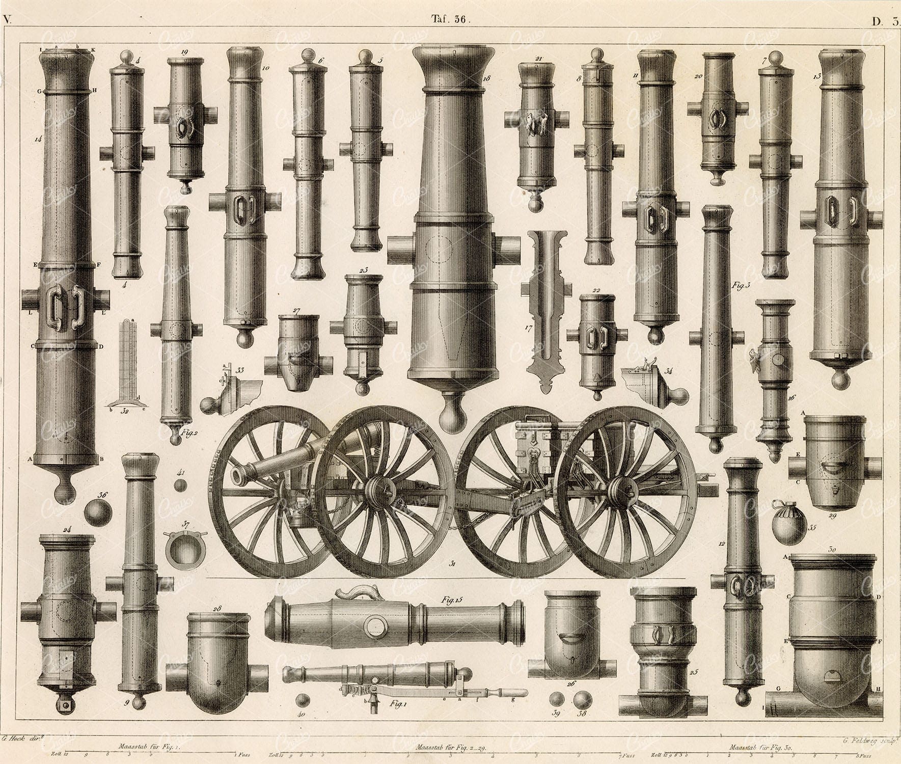 MILITARY Sciences - Modern Artillery (Canons) - Antique 1851 Engraving