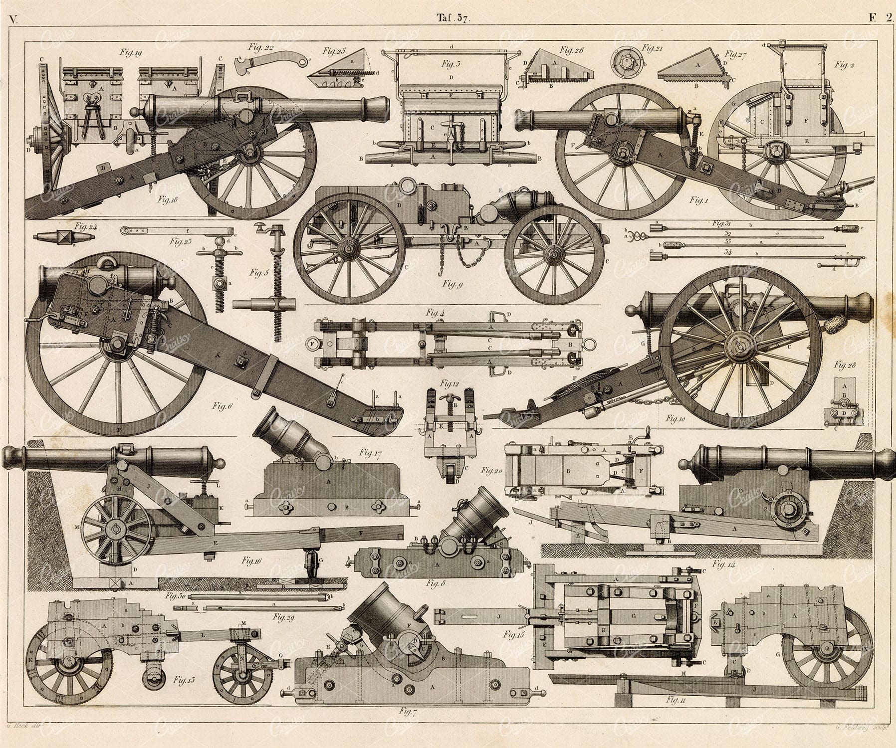 MILITARY Sciences - Artillery Carriages - Original Antique 1851 Engraving