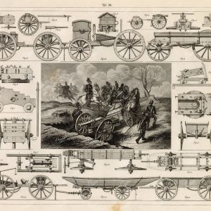MILITARY Sciences - Artillery and Pontoon Carriages - Antique Print