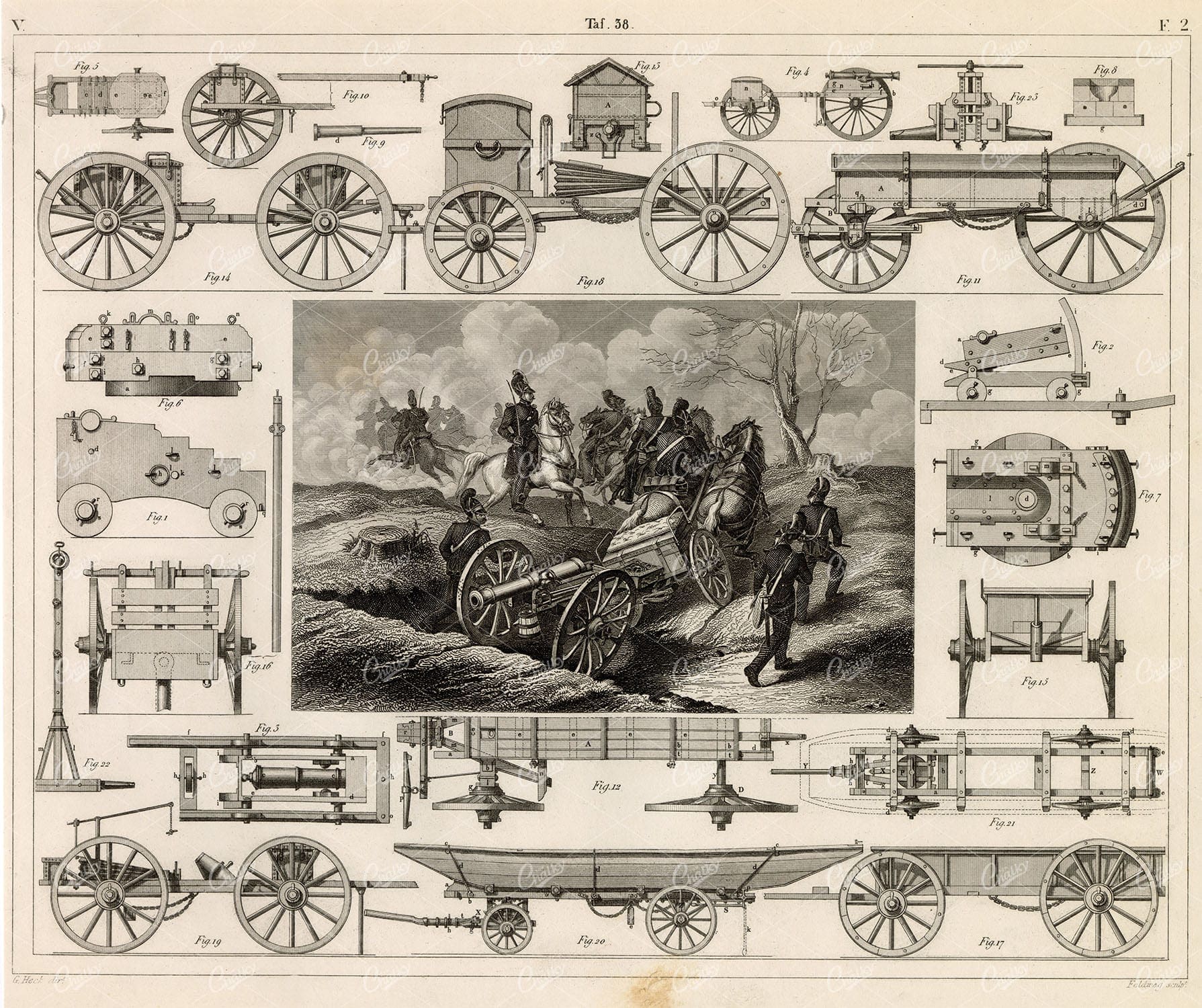 MILITARY Sciences - Artillery and Pontoon Carriages - Antique Print