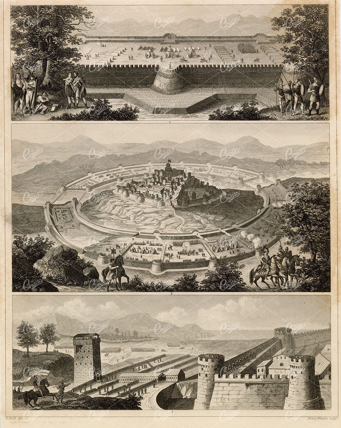 CAESER'S Siege of Massilia and Roman Fortified Camp - 1851 Antique Print