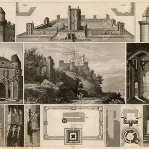 MILITARY Sciences - Various Details of Ancient Castles - Antique Print