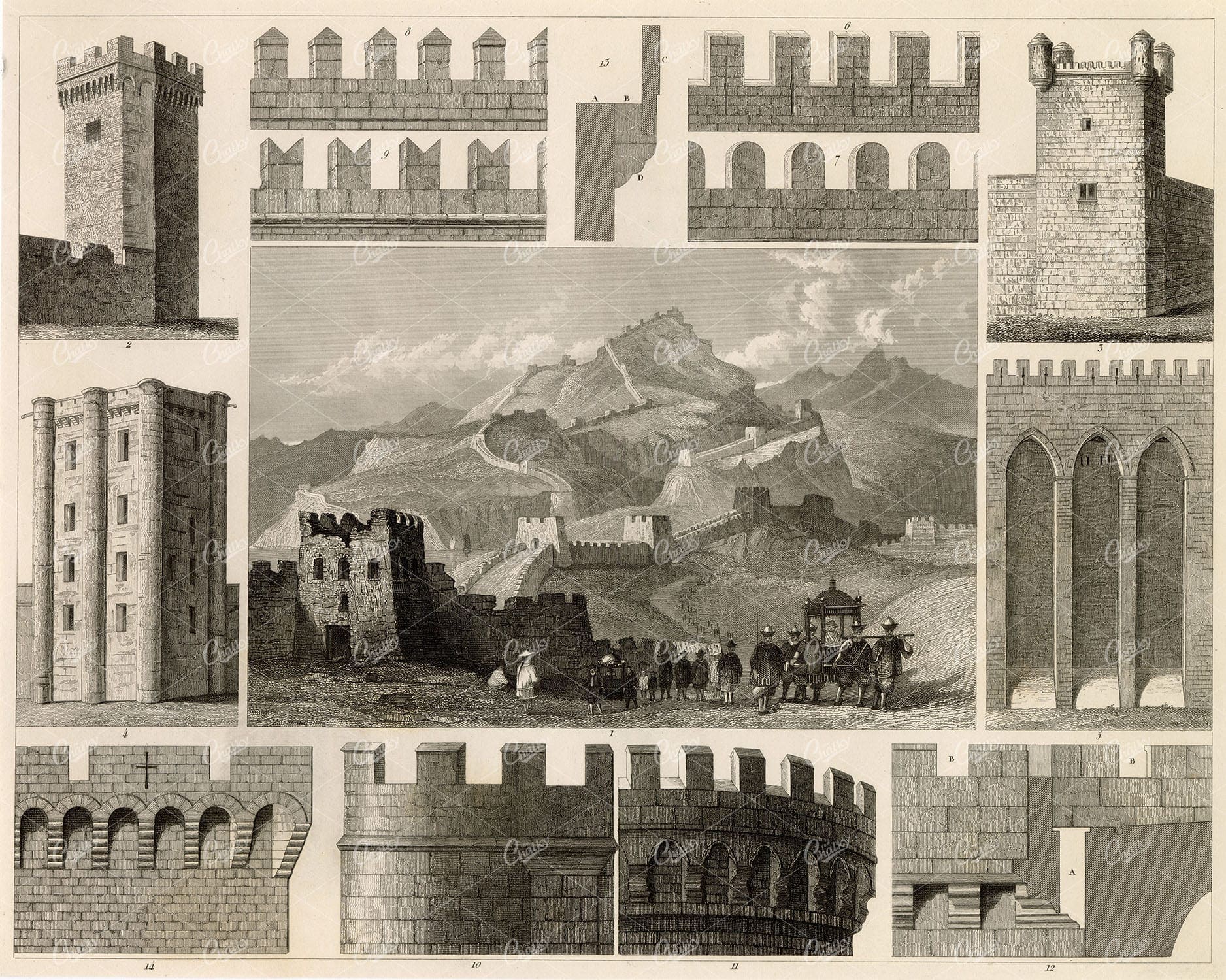 MILITARY Sciences - The Great Wall of China - Antique 1851 Print