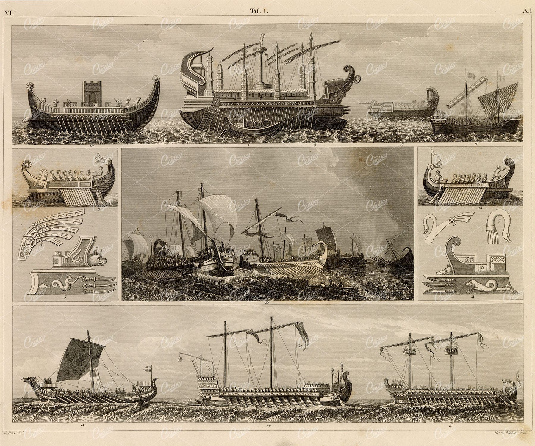 ANTIQUE Navy Print - Various War Vessels - 1851 Johann Heck Print