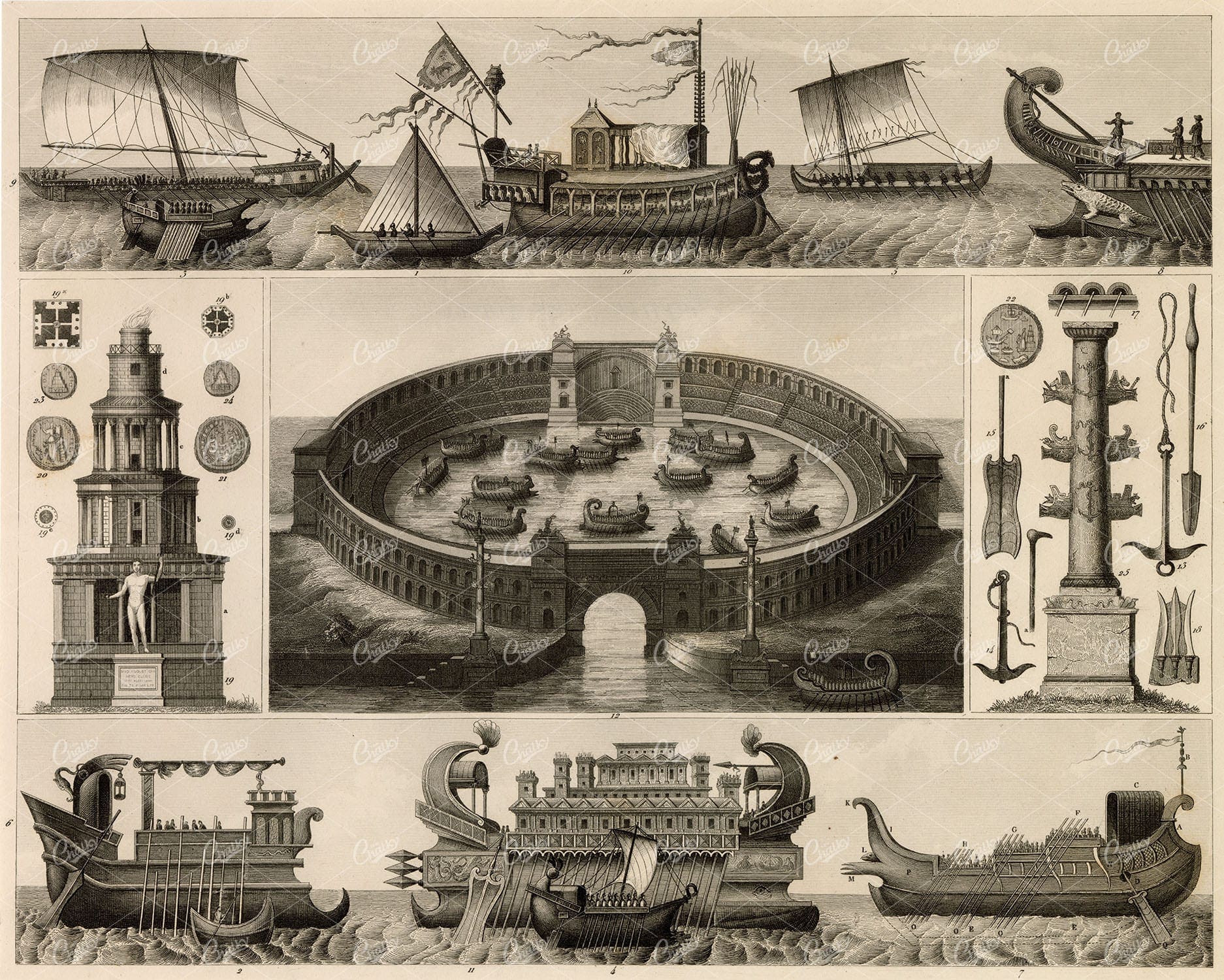 NAVAL Sciences - Egyptian, Greek, and Roman Vessels - 1851 Johann Heck
