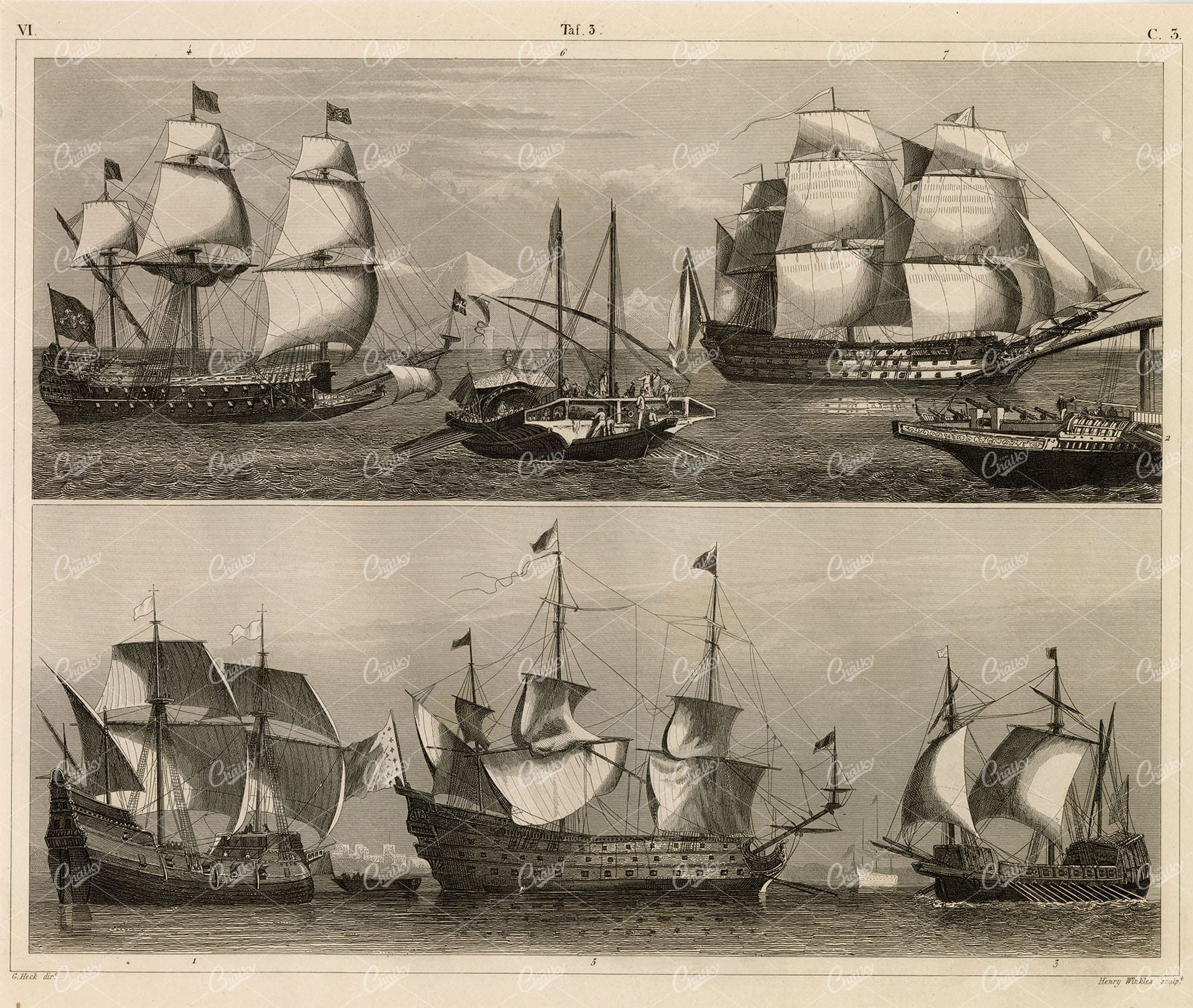 NAVAL Sciences - Ships of War - Antique 1851 Johann Heck Print