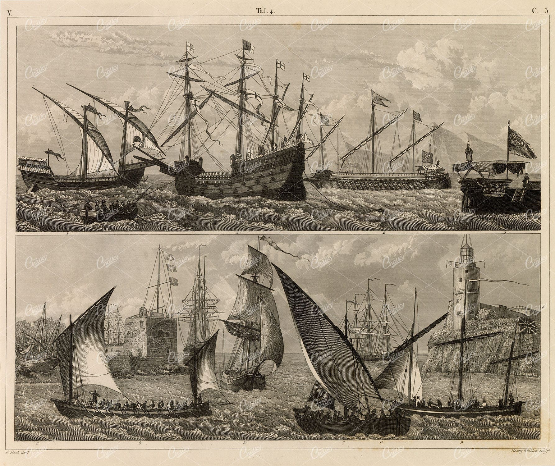 ANTIQUE Navy Print - The Great Harry, Various Ancient Ships - J. Heck