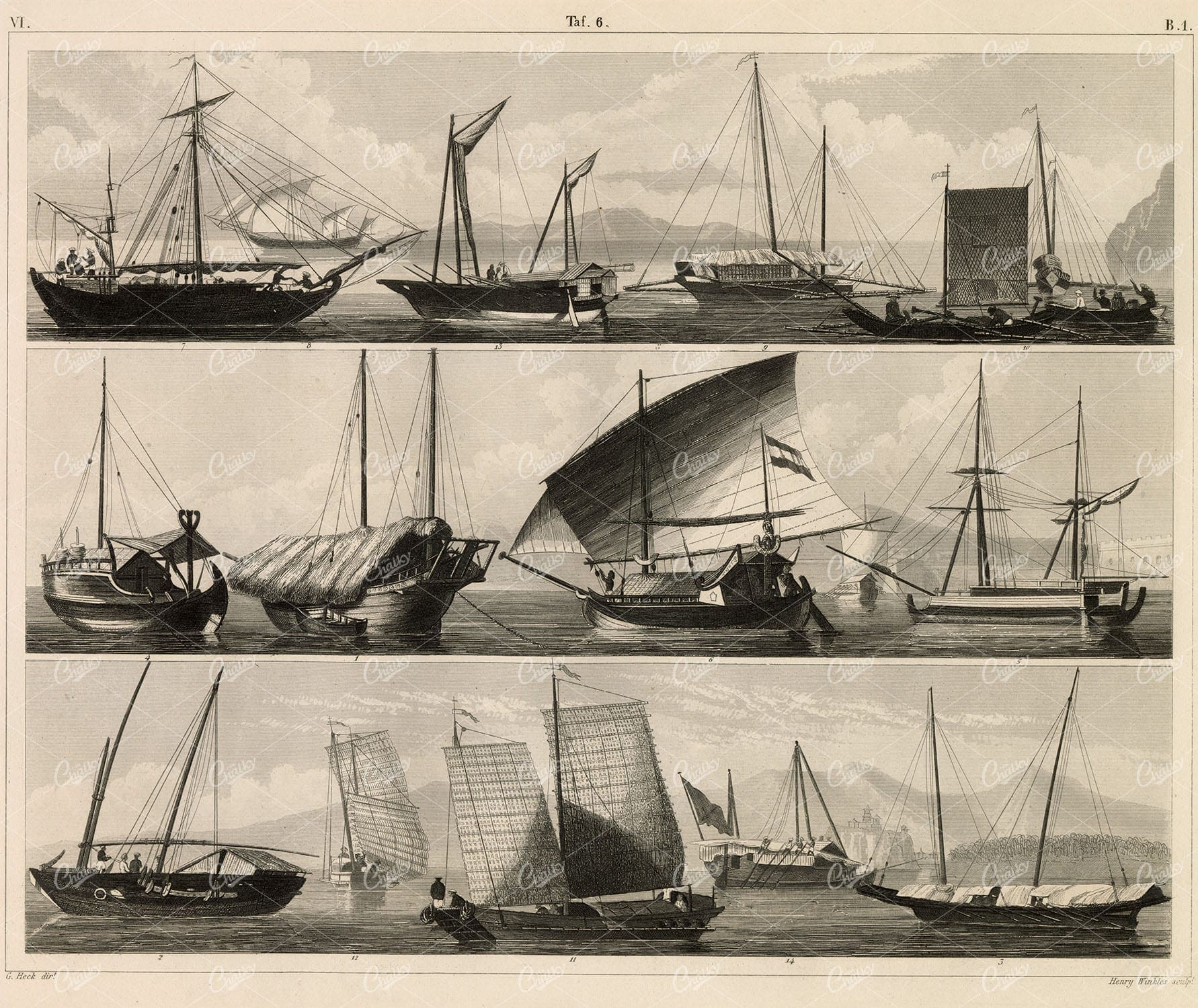 ANTIQUE Naval Print - Ancient Non-European Ships - 1851 Johann Heck