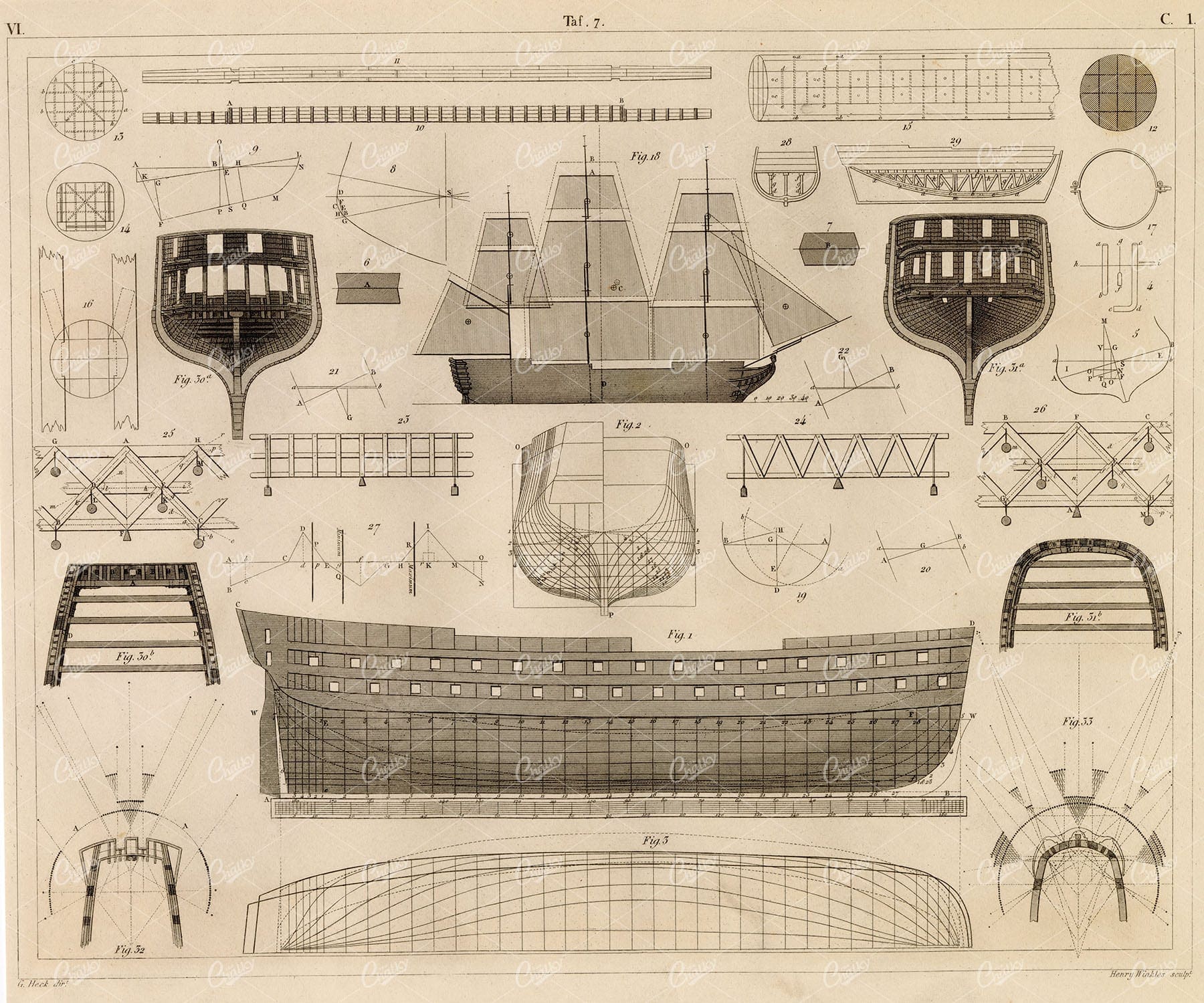 ANTIQUE Naval Print - Ancient Ship Building Blueprints - 1851 Johann Heck
