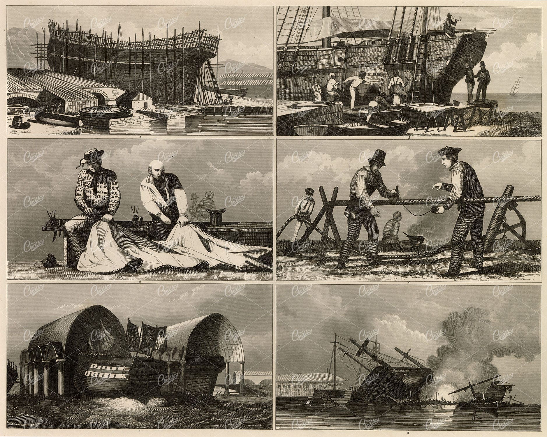 ANTIQUE Navy Print - Ancient Ship Building - Original 1851 Johann Heck