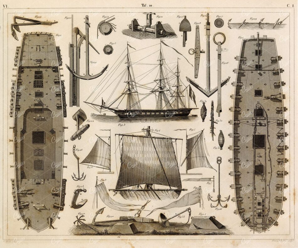 NAVAL Sciences - Ancient Boat Equipment - 1851 Antique Print by J. Heck