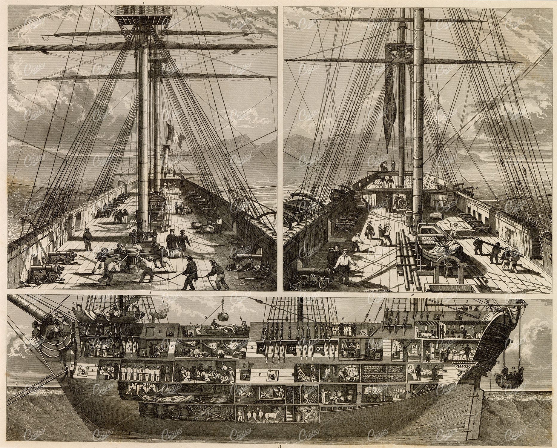 NAVAL Sciences - Various Views of an Old French Ship - Antique Print