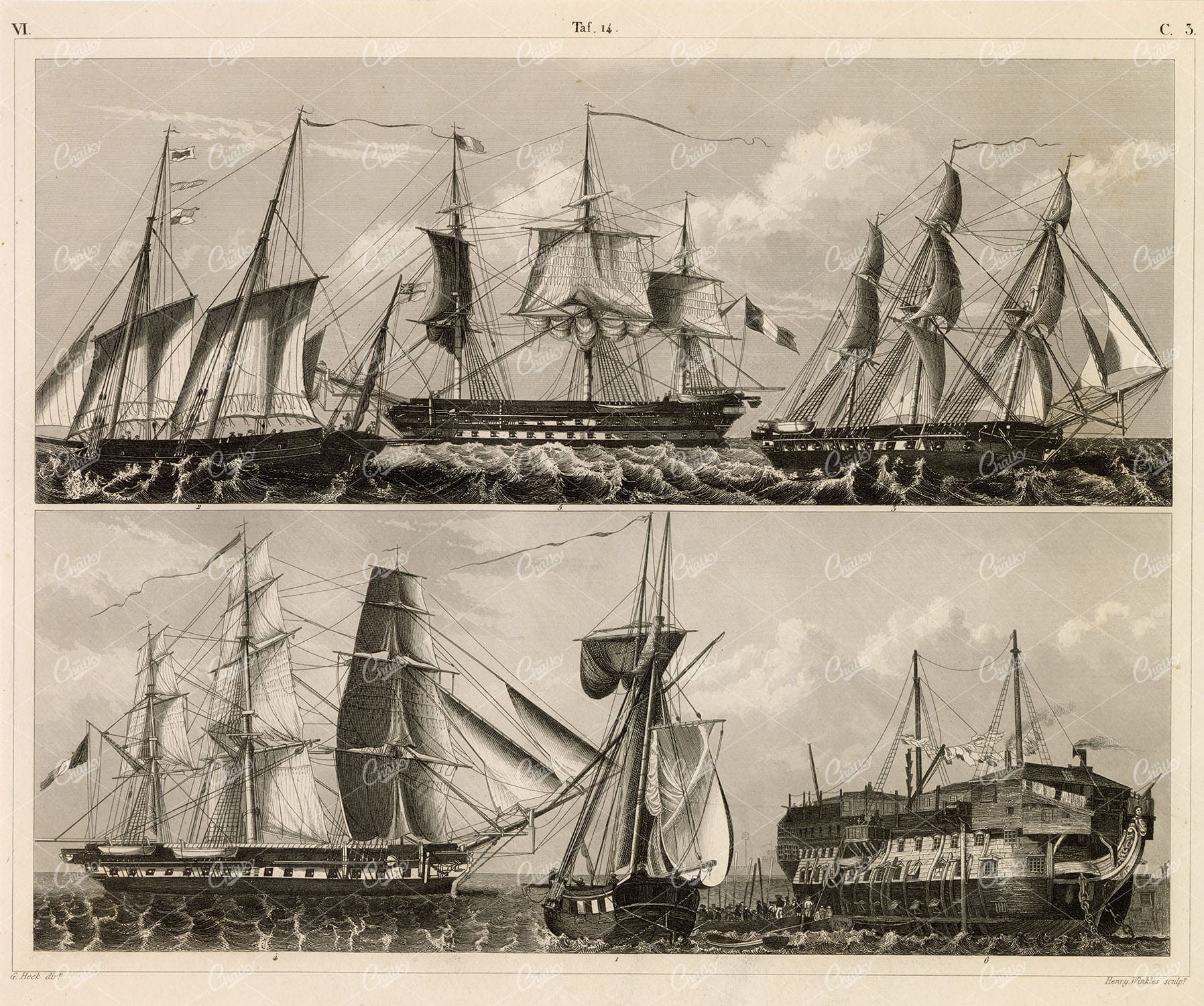 NAVAL Sciences - Large Ancient Ships; Galliott, Lugger, War - 1851 Print