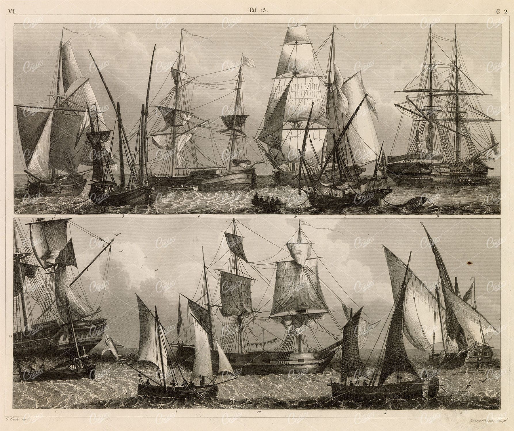 NAVAL Sciences - Various Antique / Ancient Ships - 1851 Original Print