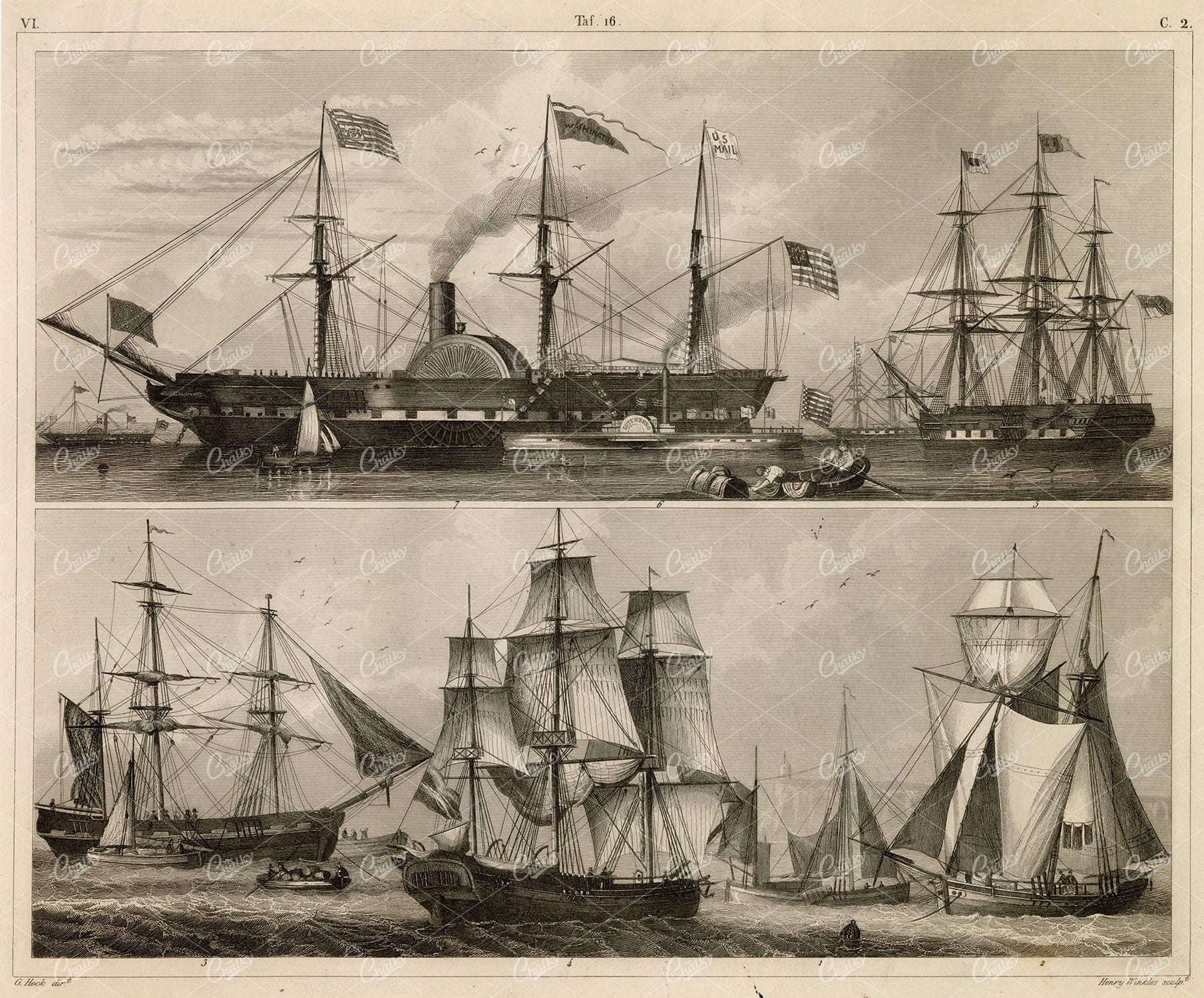 NAVAL Sciences - Ancient Ships - 1851 Original Johann Heck Engraving