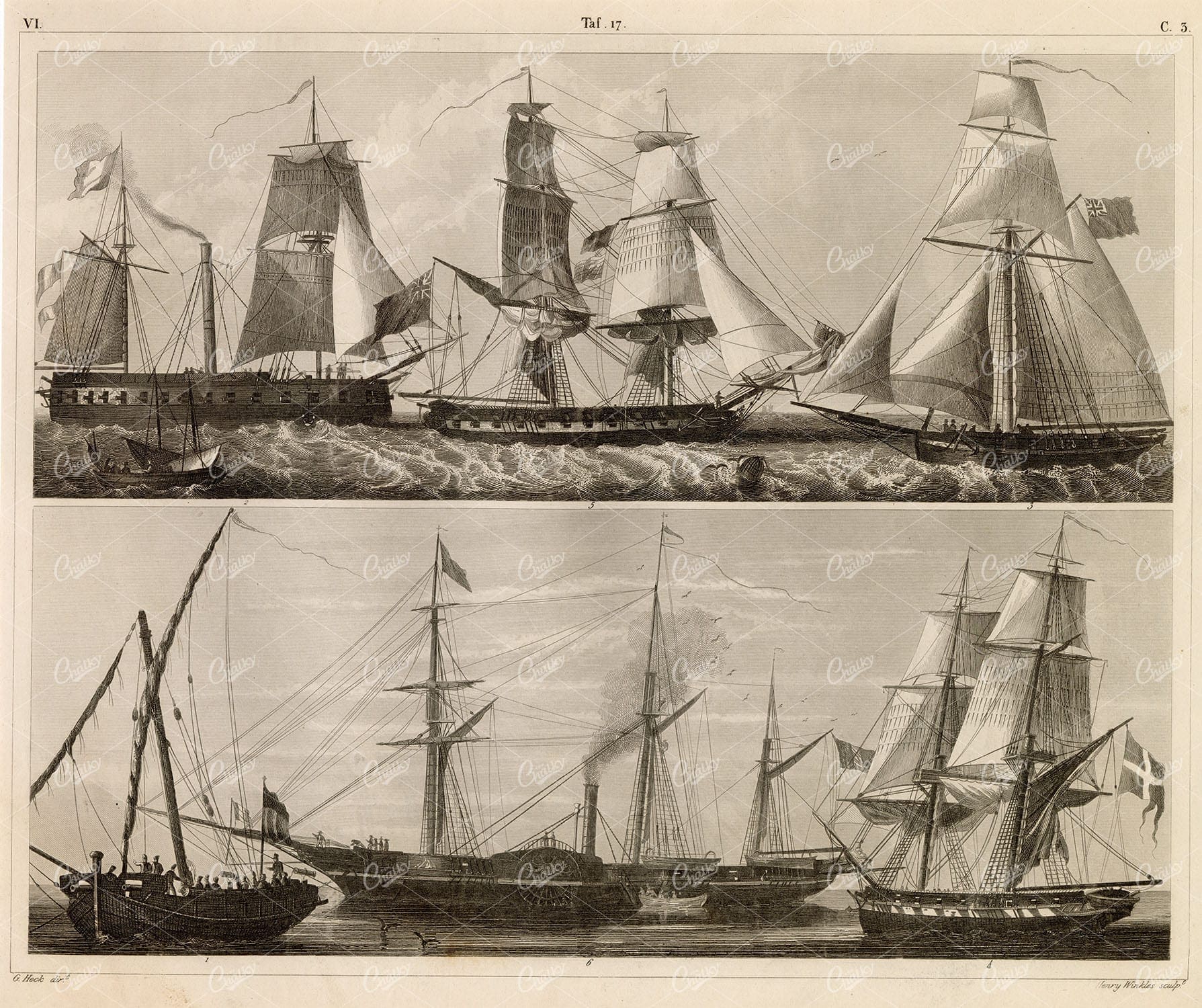 NAVAL Sciences - Ancient Ships of War - 1851 Original J.Heck Engraving