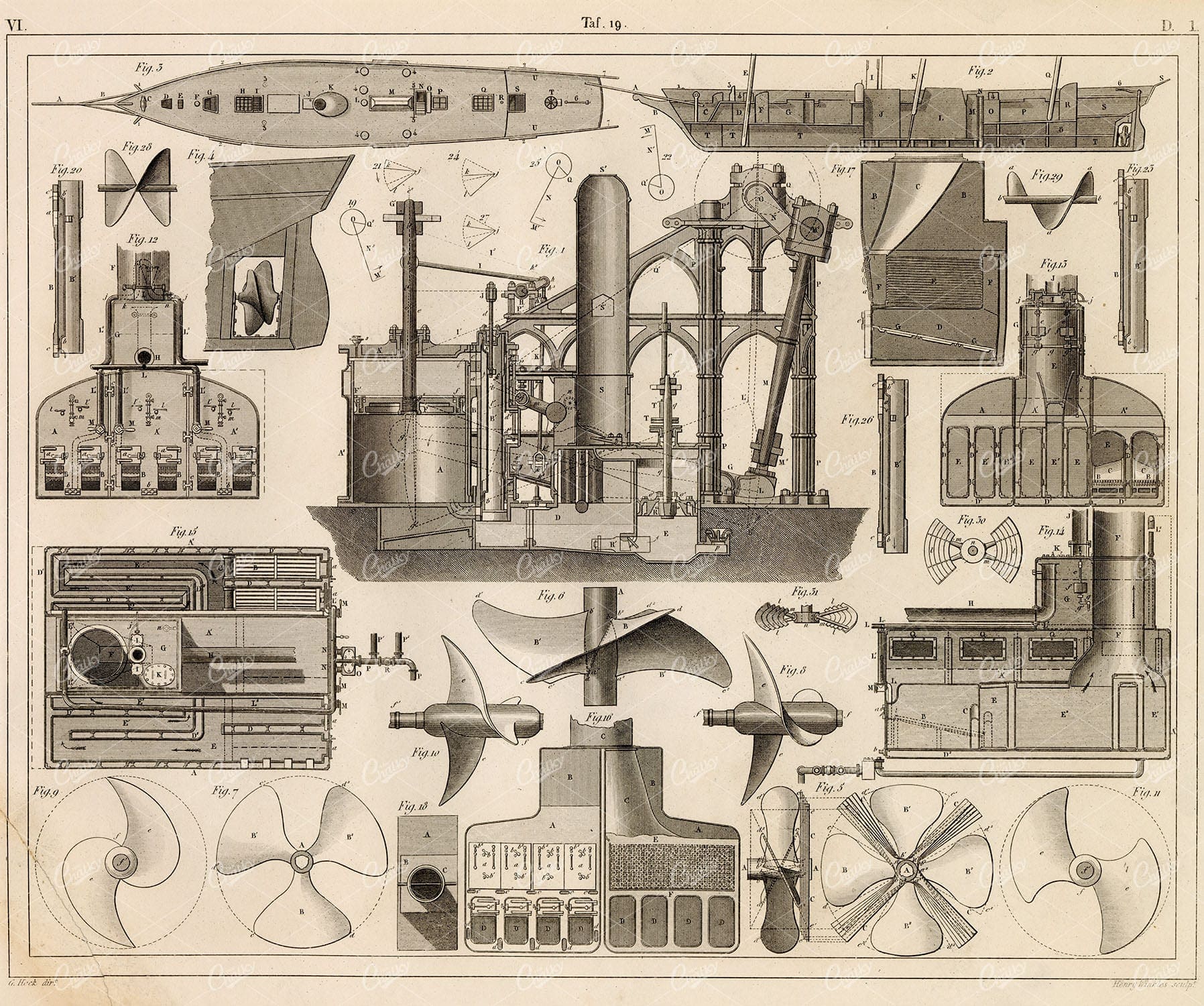 NAVAL Sciences - Construction of Ancient Steamships - 1851 Engraving