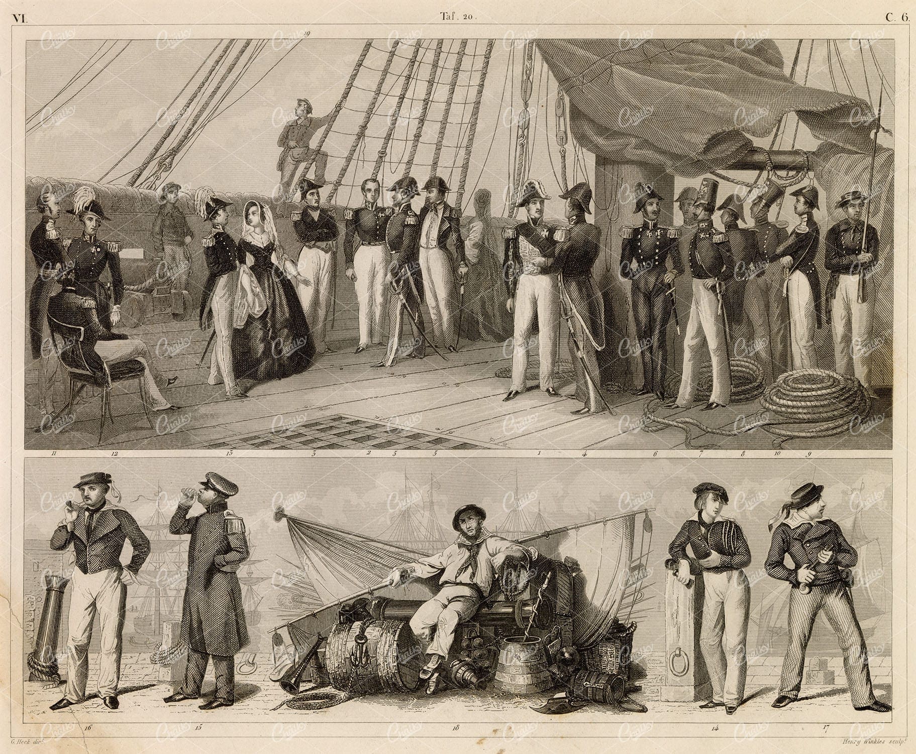 NAVAL Sciences - French, Russian, and English Naval Officers - 1851 Print