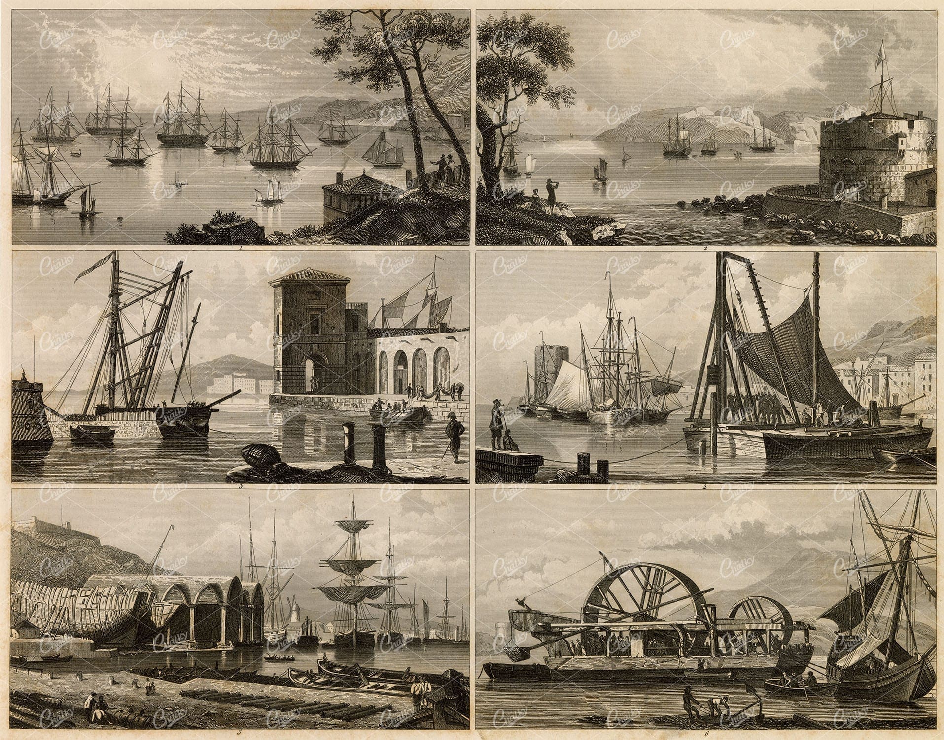 NAVY Antique Print - Various Port Scenes - Original J. Heck Engraving