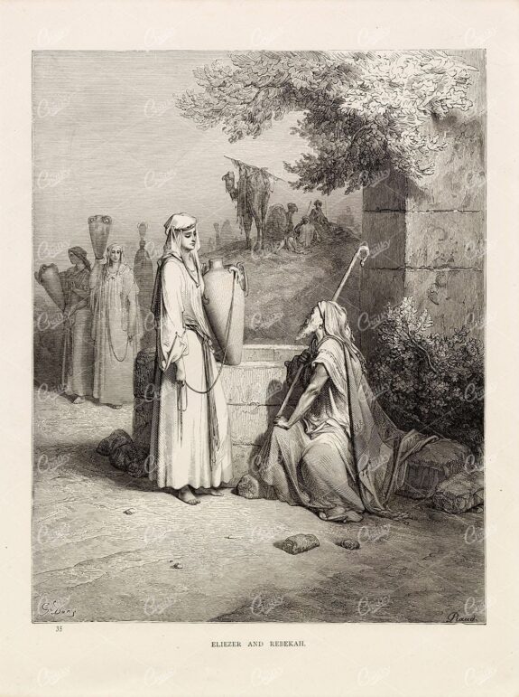 ELIEZER and Rebekah - Antique Biblical Artwork by Gustave Dore 1891