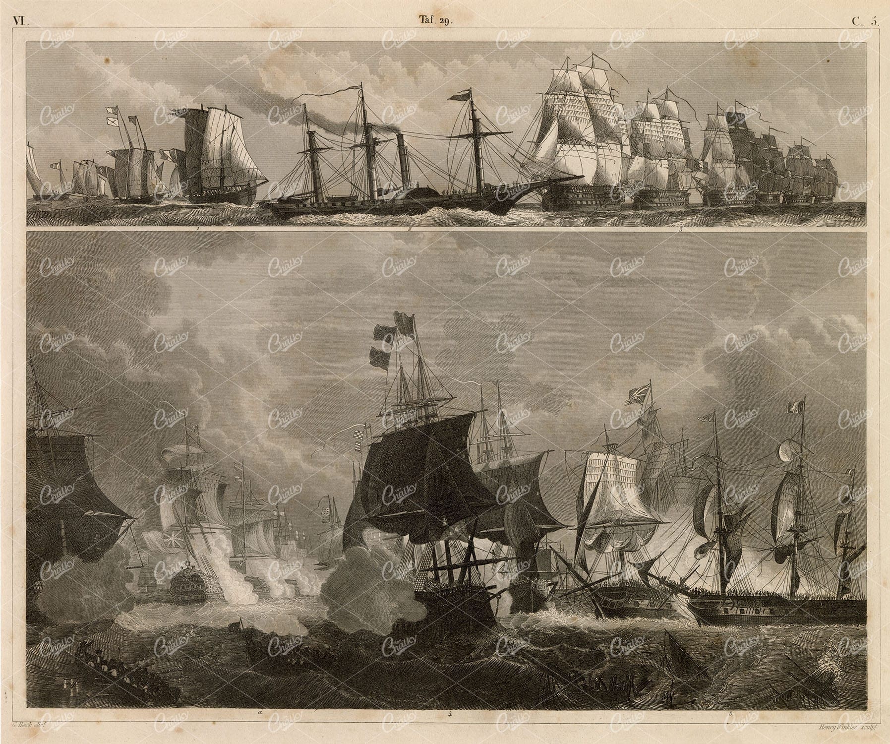 ANTIQUE Navy Print - Old Naval Battle - Original J. Heck Engraving 1851