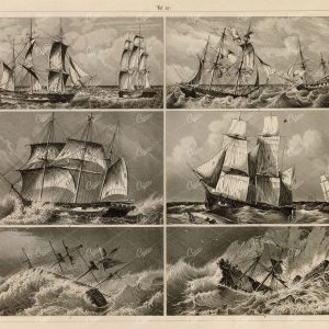 ANTIQUE Navy Print - Various Antique Ships - Original Heck Illustration