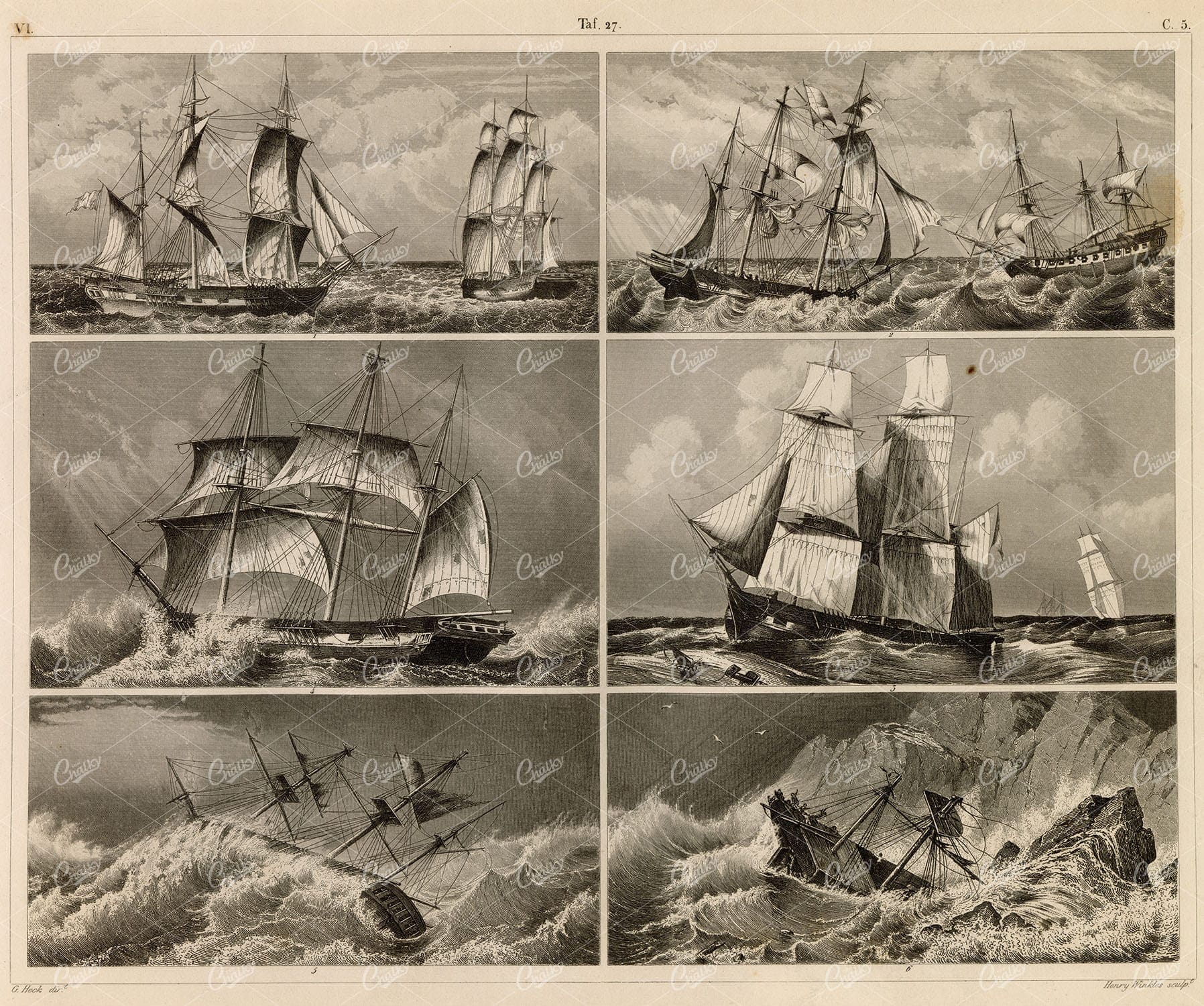 ANTIQUE Navy Print - Various Antique Ships - Original Heck Illustration